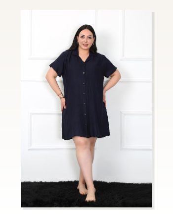 Moda Çizgi Büyük Beden Dokuma Düğmeli Lacivert Tunik Gecelik 1022