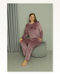 Moda Çizgi Büyük Beden Kadın Kadife Mor Pijama Takım 20628 Marketplace