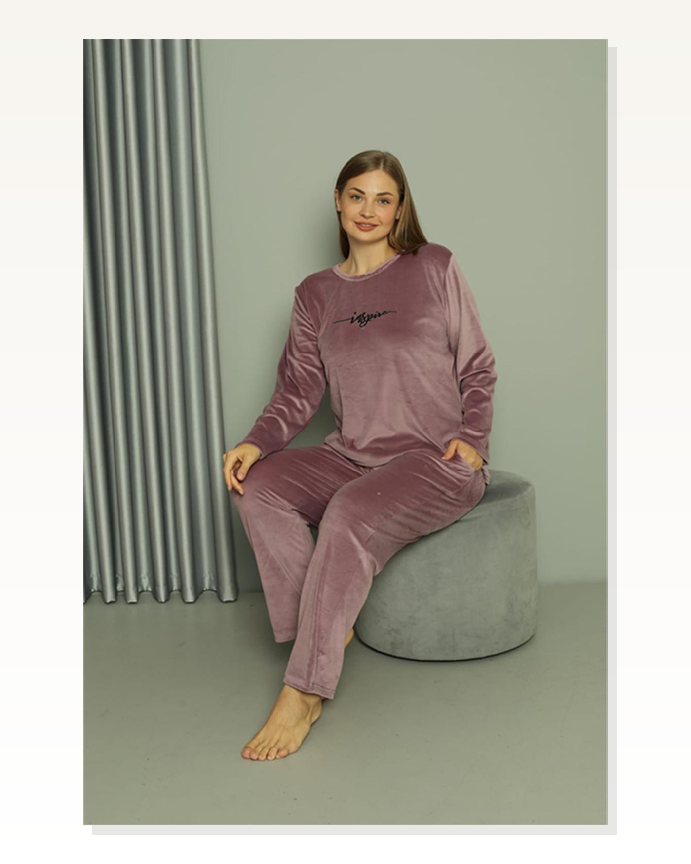 Moda Çizgi Büyük Beden Kadın Kadife Mor Pijama Takım 20628 Marketplace blank