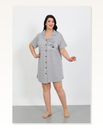 Moda Çizgi Büyük Beden Penye Düğmeli Gri Tunik Gecelik 1025