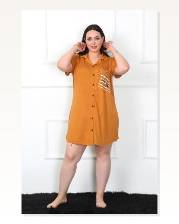 Moda Çizgi Büyük Beden Penye Düğmeli Hardal Tunik Gecelik 1025