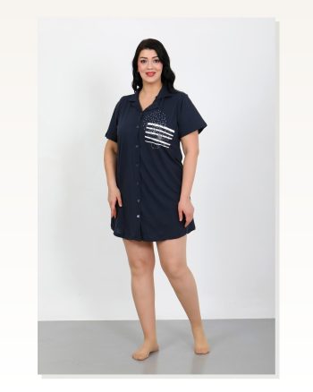 Moda Çizgi Büyük Beden Penye Düğmeli Lacivert Tunik Gecelik 1025