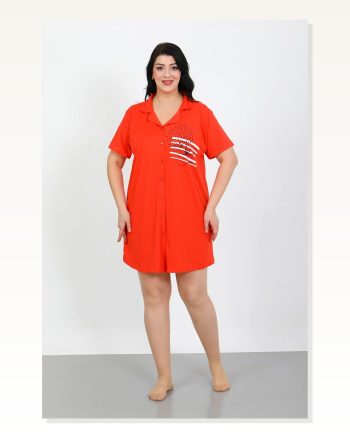 Moda Çizgi Büyük Beden Penye Düğmeli Nar Çiçeği Tunik Gecelik 1025