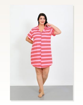 Moda Çizgi Büyük Beden Penye Düğmeli Pembe Tunik Gecelik 1033