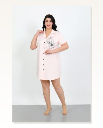 Moda Çizgi Büyük Beden Penye Düğmeli Pudra Tunik Gecelik 1025