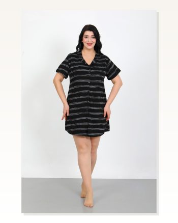 Moda Çizgi Büyük Beden Penye Düğmeli Siyah Tunik Gecelik 1033