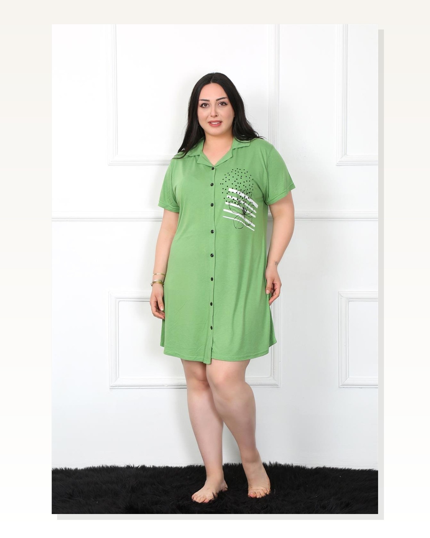 Moda Çizgi Büyük Beden Penye Düğmeli Yeşil Tunik Gecelik 1025 Marketplace blank
