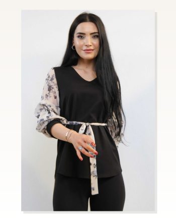 Moda Çizgi Chiffon Sleeve Blouse Black