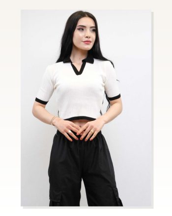 Moda Çizgi Colored Collar Knitwear Crop White