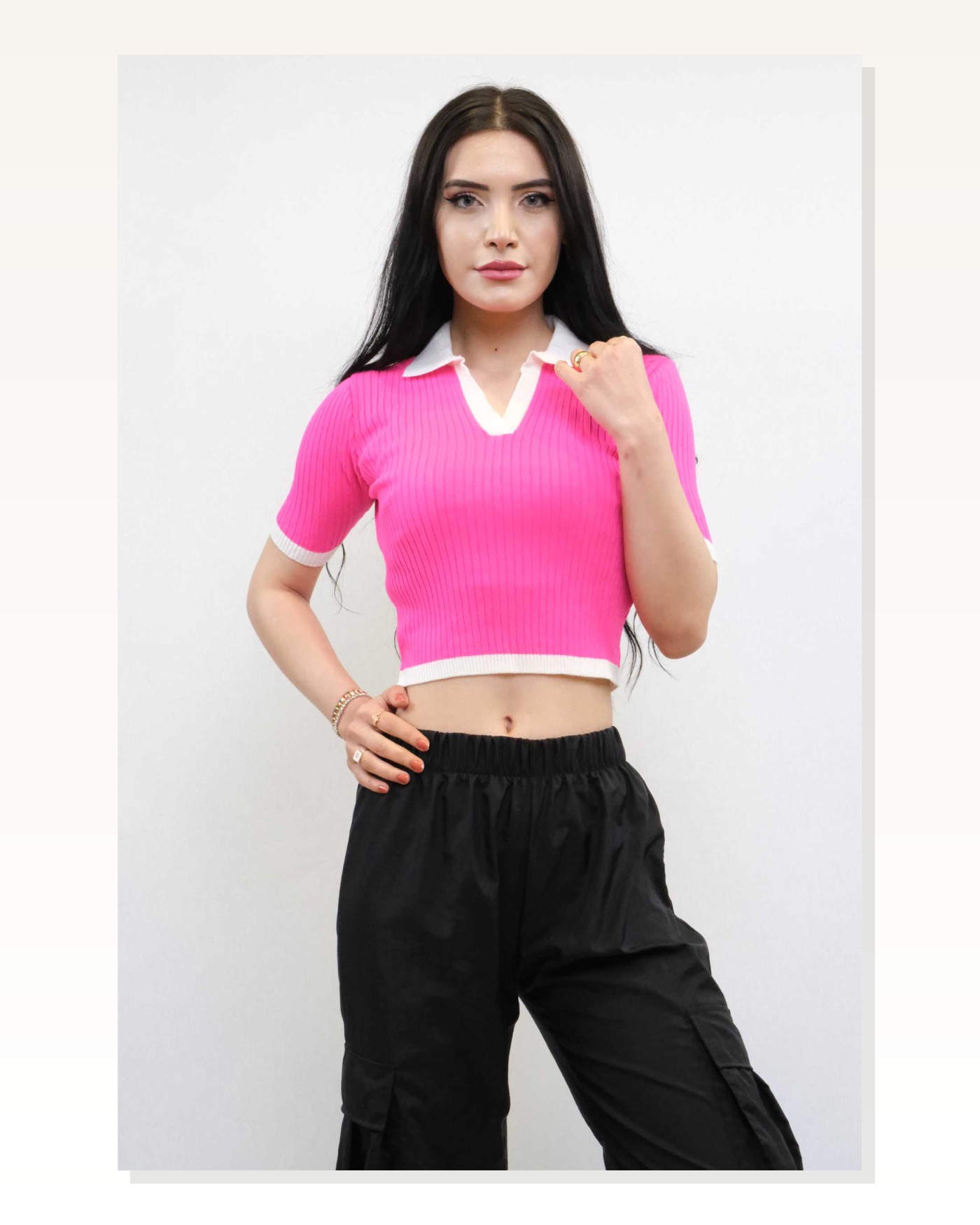 Moda Çizgi Colorful Collar Knitwear Crop Pink Marketplace blank