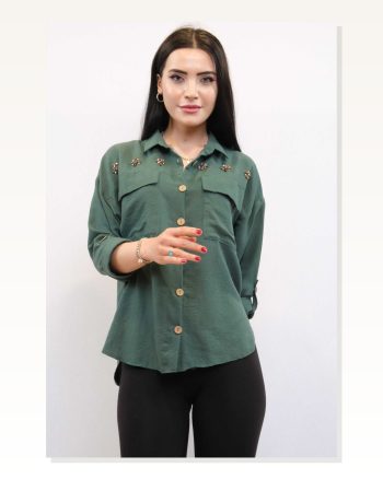 Moda Çizgi Cotton Çizgin Shirt Emerald