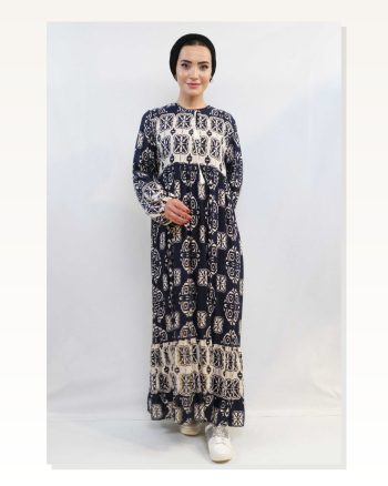 Moda Çizgi Daisy Pattern Dress Navy Blue