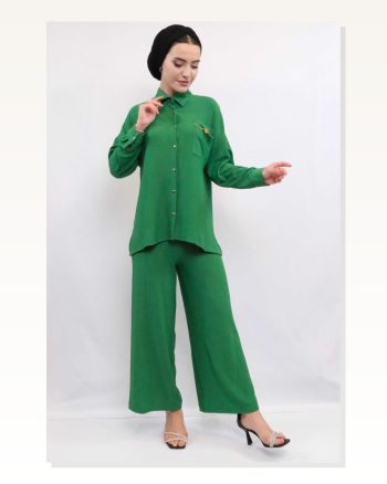 Moda Çizgi Double Suit With Chain Accessories Green