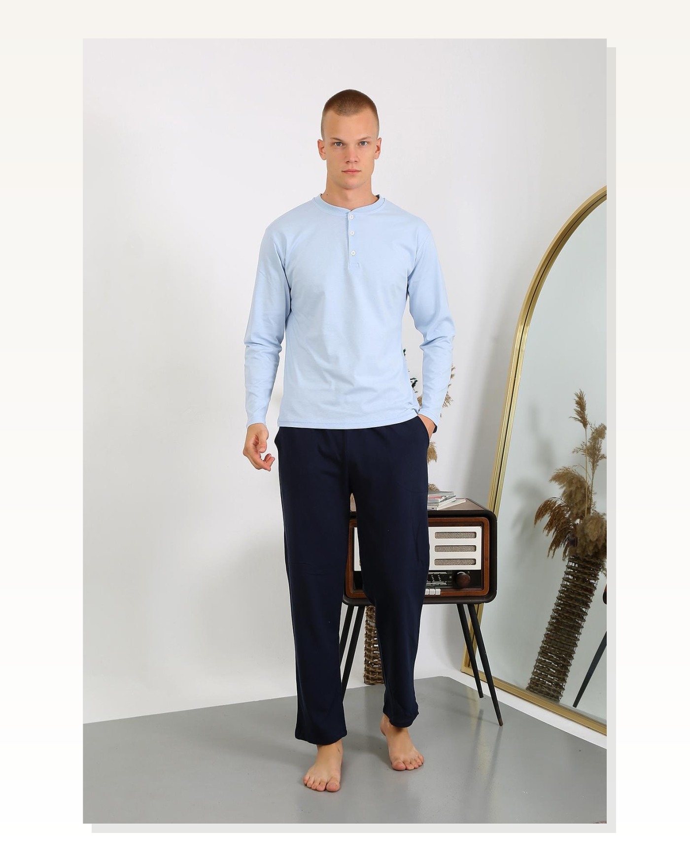 Moda Çizgi Erkek Penye Uzun Kol Pijama Takımı 6860 Buz Mavisi Marketplace blank