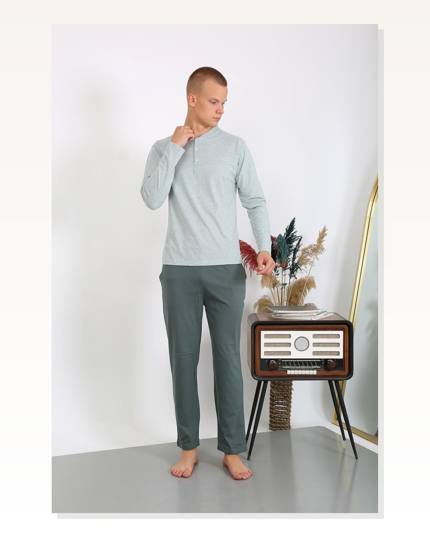 Moda Çizgi Erkek Penye Uzun Kol Pijama Takımı 6860 Su Yeşili Marketplace blank