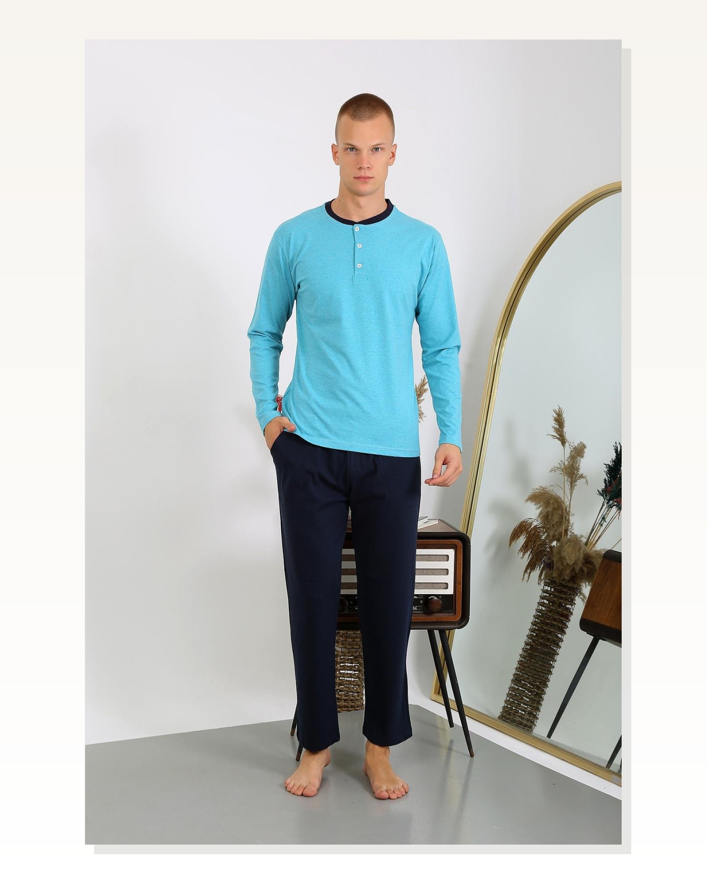 Moda Çizgi Erkek Penye Uzun Kol Pijama Takımı 6860 Turkuaz Marketplace blank