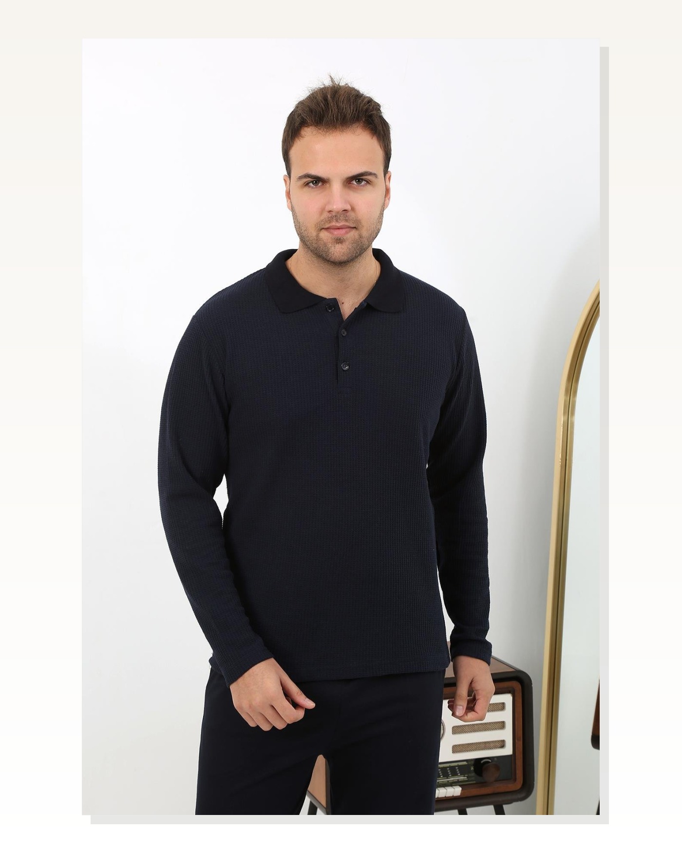 Moda Çizgi Erkek Polo Yaka Uzun Kol Penye Pijama Takımı 6862 Lacivert Marketplace blank