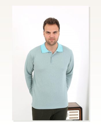 Moda Çizgi Erkek Polo Yaka Uzun Kol Penye Pijama Takımı 6862 Su Yeşili