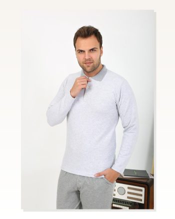 Erkek Moda Çizgi Polo Yaka Uzun Kol Penye Pijama Takımı Gri 6864