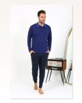 Erkek Moda Çizgi Polo Yaka Uzun Kol Penye Pijama Takımı Gri 6865