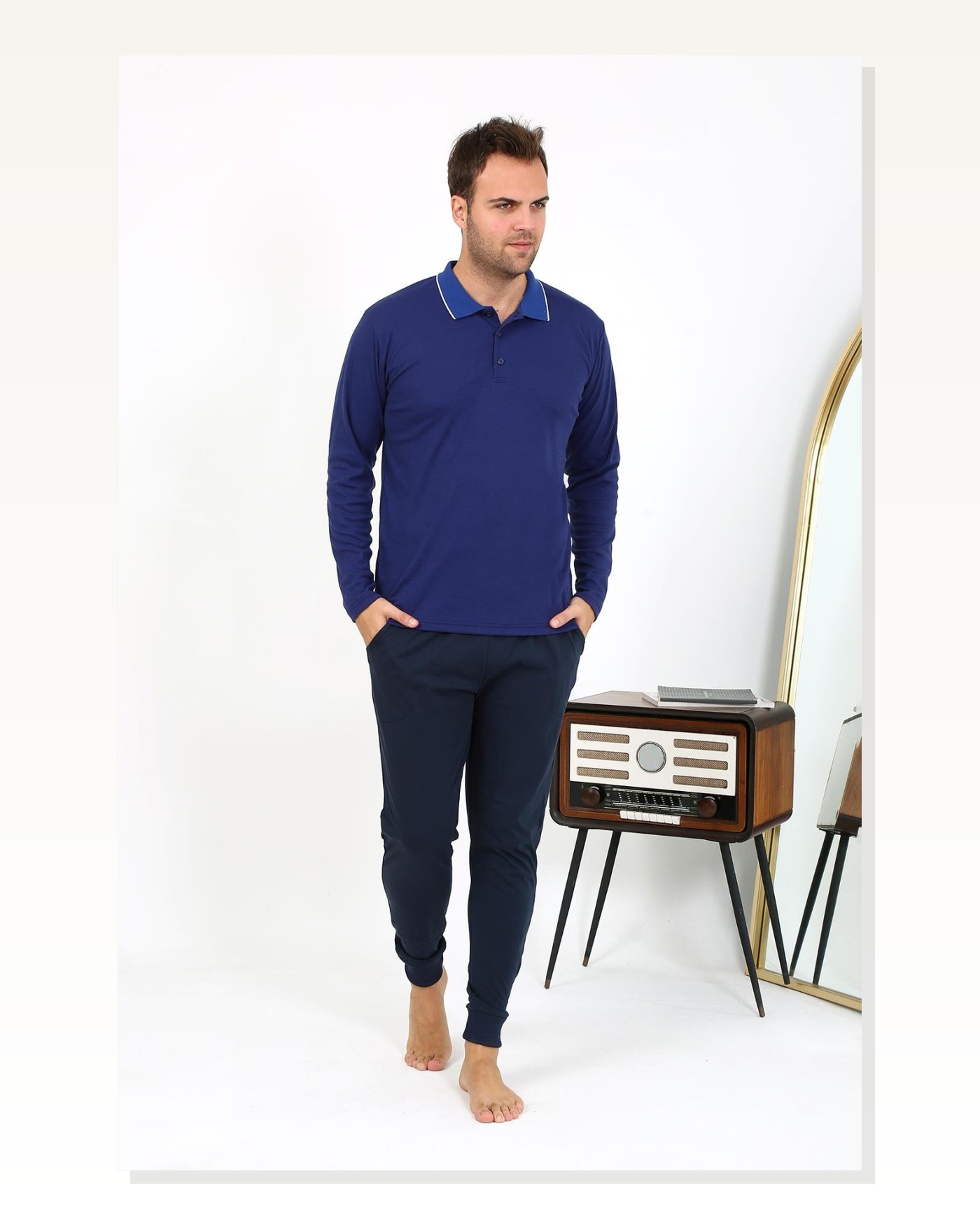 Moda Çizgi Erkek Polo Yaka Uzun Kol Penye Pijama Takımı Gri 6865 Marketplace blank