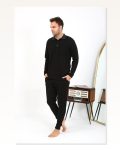 Erkek Moda Çizgi Polo Yaka Uzun Kol Penye Pijama Takımı Siyah 6864