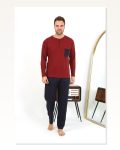 Erkek Moda Çizgi Uzun Kol Penye Bordo Pijama Takımı 6861