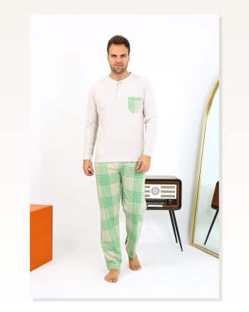 Moda Çizgi Erkek Uzun Kol Penye Krem Pijama Takımı 6861