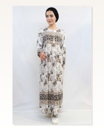 Moda Çizgi Ethnic Pattern Dress Beige