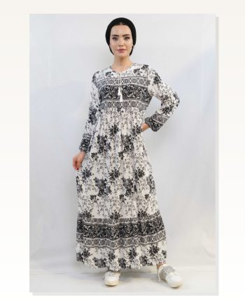 Moda Çizgi Ethnic Pattern Dress Black
