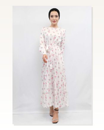 Moda Çizgi Floral Pattern Dress Ecru