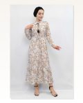 Moda Çizgi Floral Pattern Pleated Dress Beige