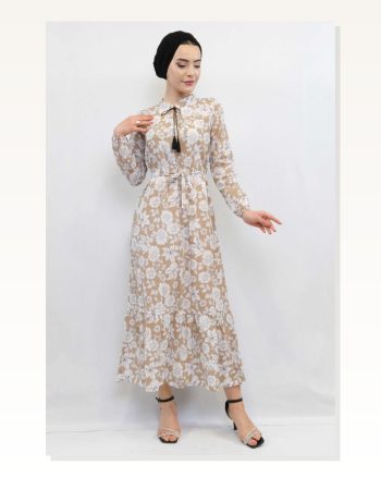 Moda Çizgi Floral Pattern Pleated Dress Beige