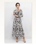 Moda Çizgi Floral Pattern Pleated Dress Black