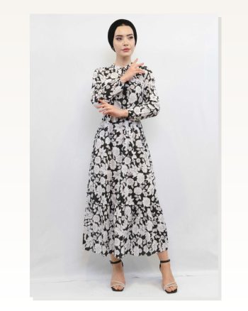 Moda Çizgi Floral Pattern Pleated Dress Black