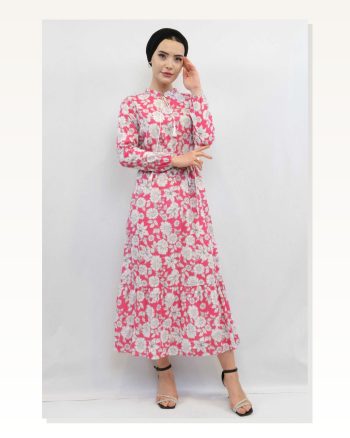 Moda Çizgi Floral Pattern Pleated Dress Fuchsia