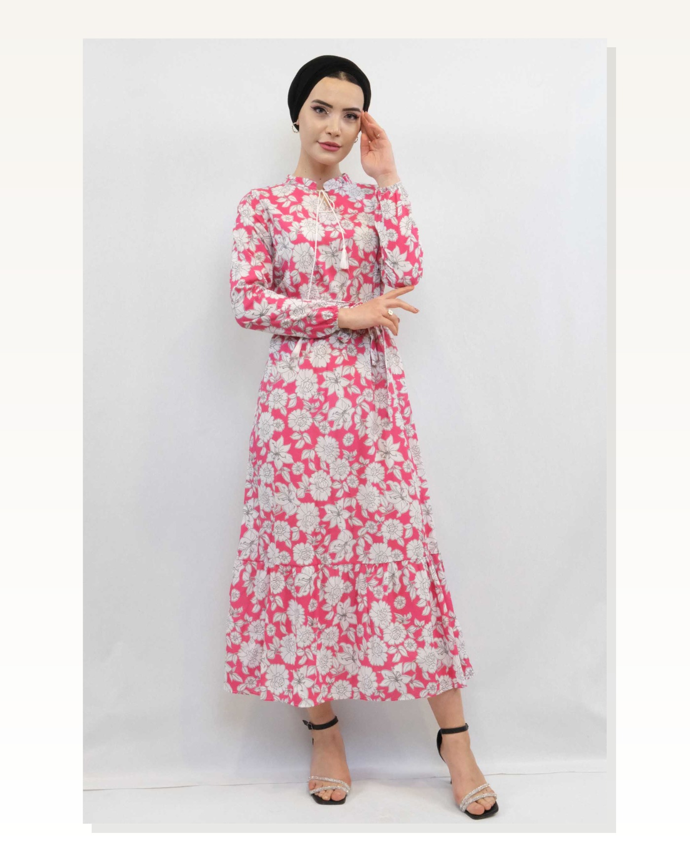 Moda Çizgi Floral Pattern Pleated Dress Fuchsia Marketplace blank
