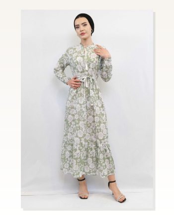 Moda Çizgi Floral Pattern Pleated Dress Mint