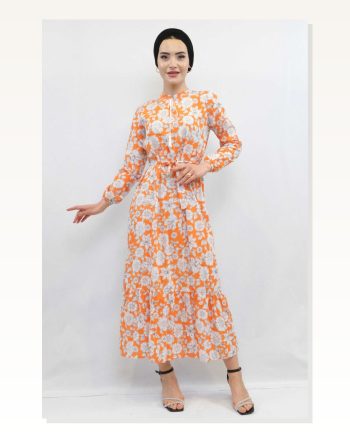 Moda Çizgi Floral Pattern Pleated Dress Orange