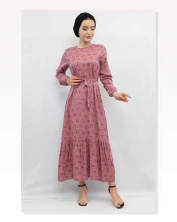 Moda Çizgi Floral Patterned Dress Dusty Rose