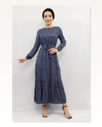 Moda Çizgi Floral Patterned Dress Indigo