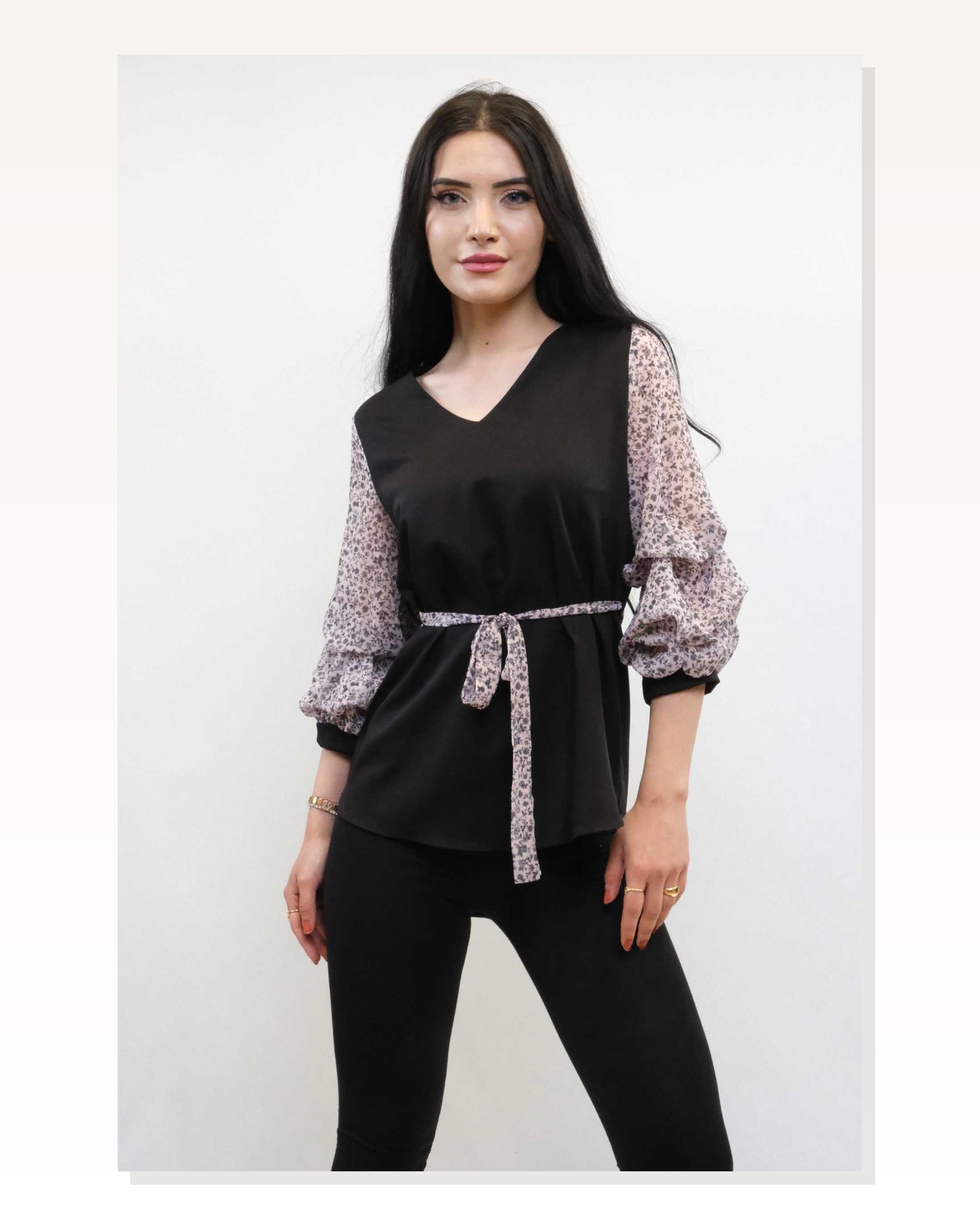 Moda Çizgi Gathered Chiffon Sleeve Blouse Black Marketplace blank