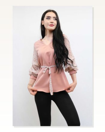 Moda Çizgi Gathered Chiffon Sleeve Blouse Powder