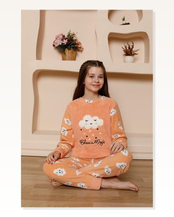 Moda Çizgi Girl Child Welsoft Polar Orange Pajama Set 20527