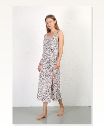 Moda Çizgi İp Askılı Uzun Yırtmaçlı Penye Gecelik 90129 Beyaz