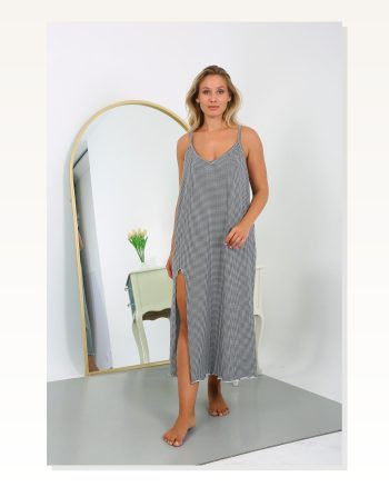 Kadın Moda Çizgi Büyük Beden İp Askılı Pamuk Uzun Gecelik 12108