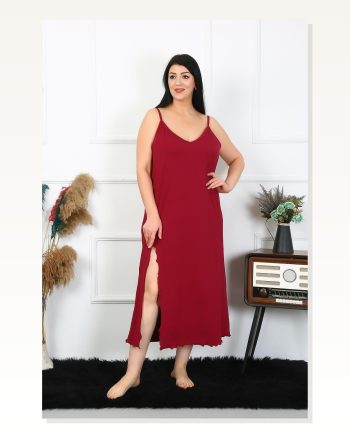Kadın Moda Çizgi Büyük Beden İp Askılı Pamuklu Bordo Uzun Gecelik 12100