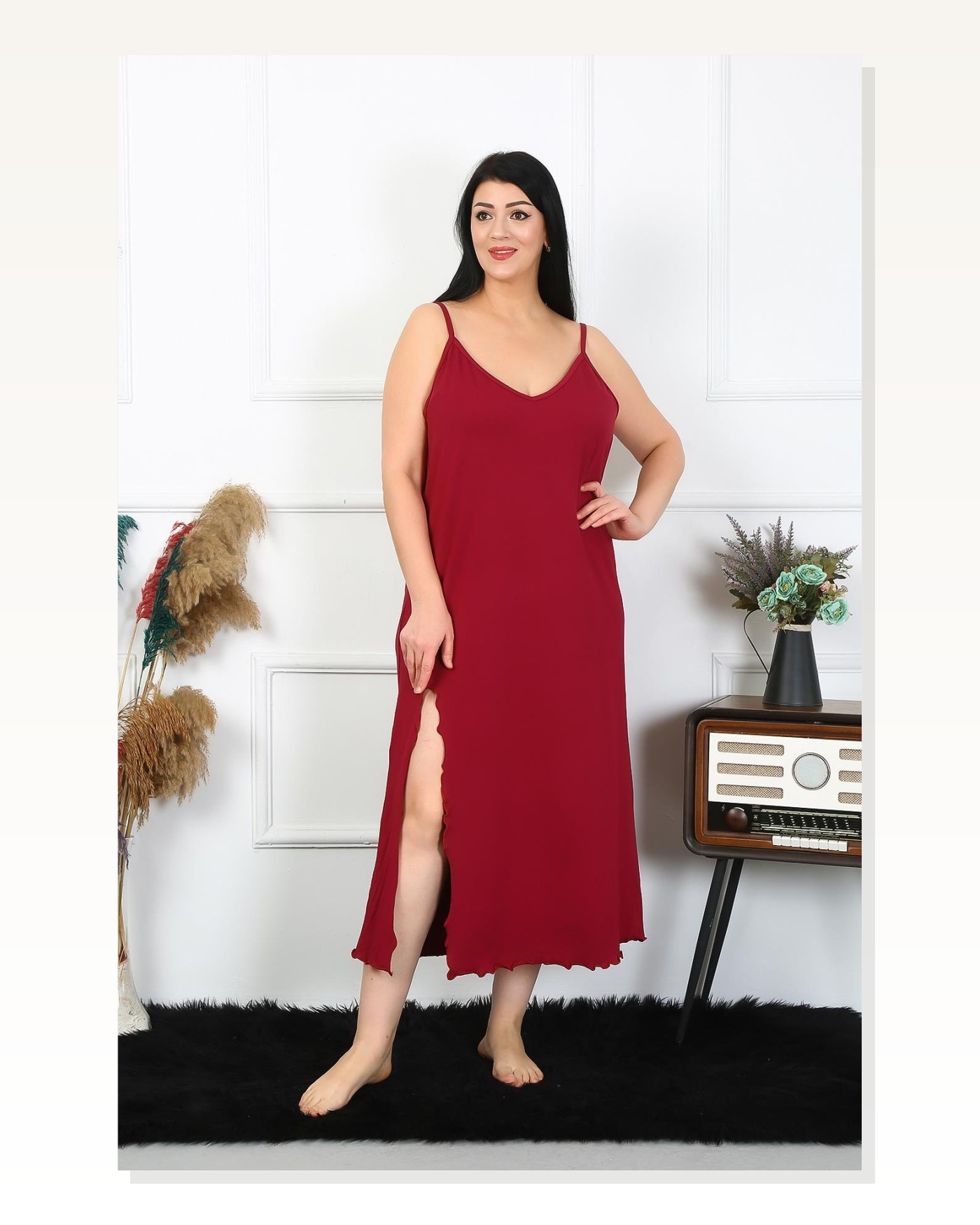 Moda Çizgi Kadın Büyük Beden İp Askılı Pamuklu Bordo Uzun Gecelik 12100 Marketplace blank