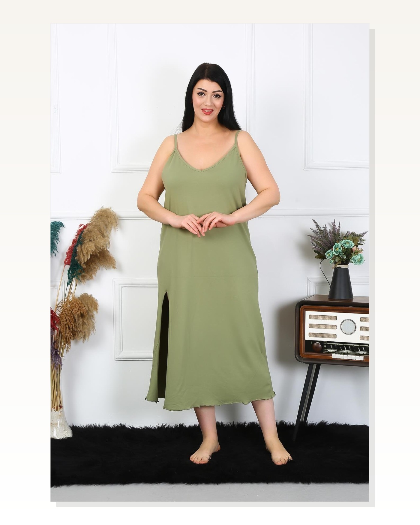 Moda Çizgi Kadın Büyük Beden İp Askılı Pamuklu Haki Uzun Gecelik 12100 Marketplace blank