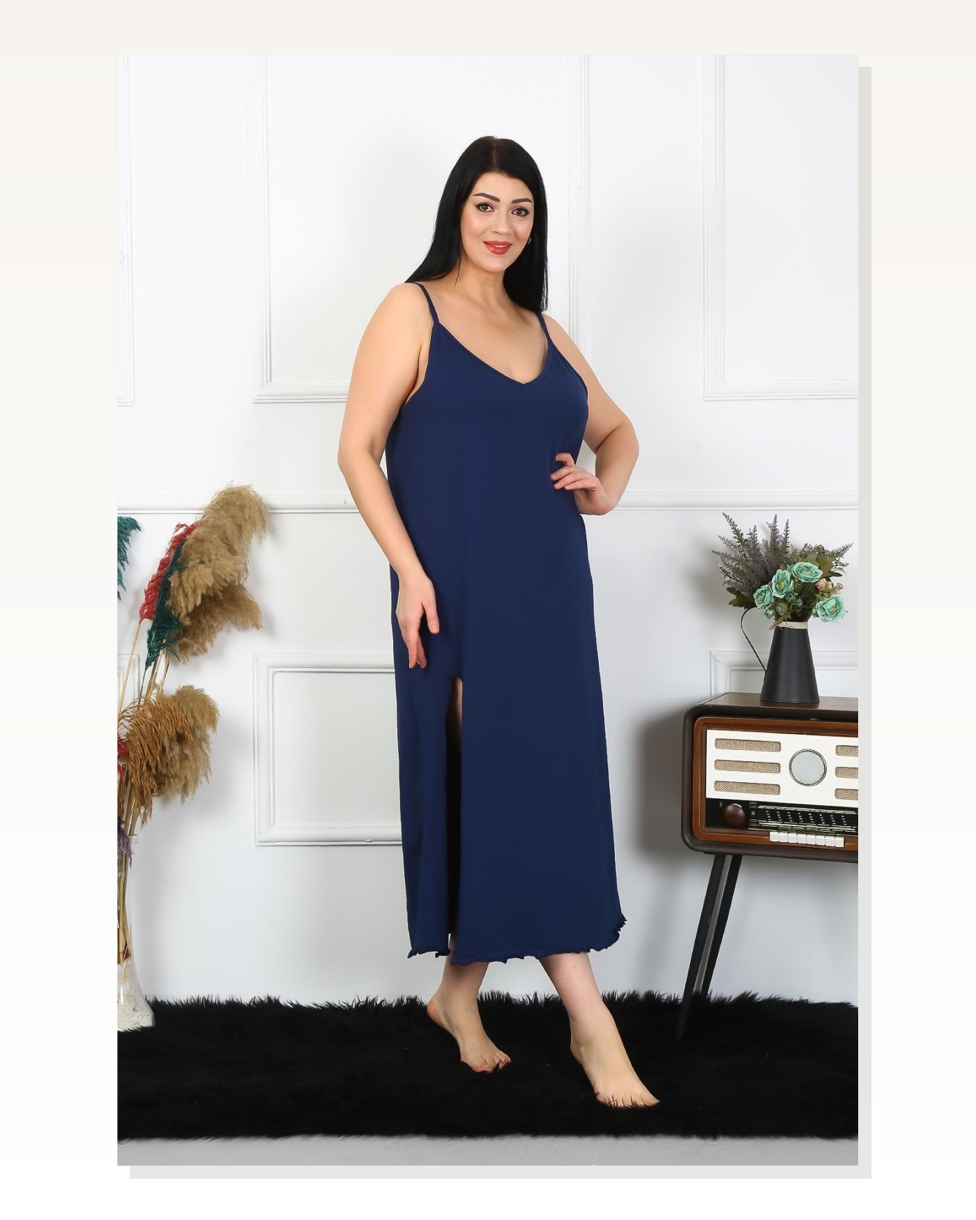 Moda Çizgi Kadın Büyük Beden İp Askılı Pamuklu Lacivert Uzun Gecelik 12100 Marketplace blank